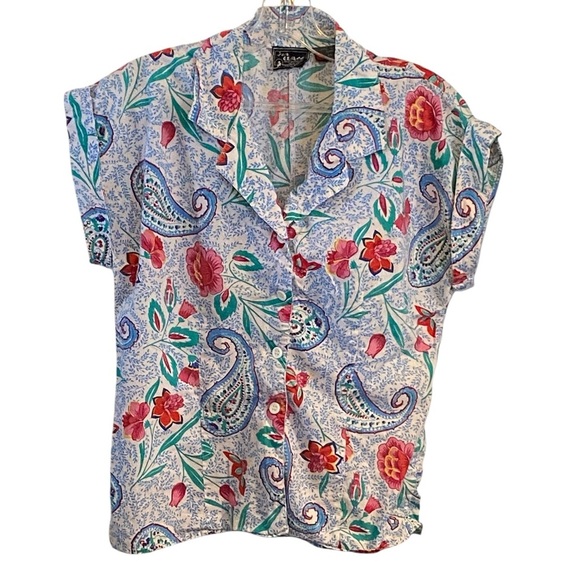 Vintage 100 % Cotton Paisley Floral white blue pink button up shirt top classic - Picture 1 of 8